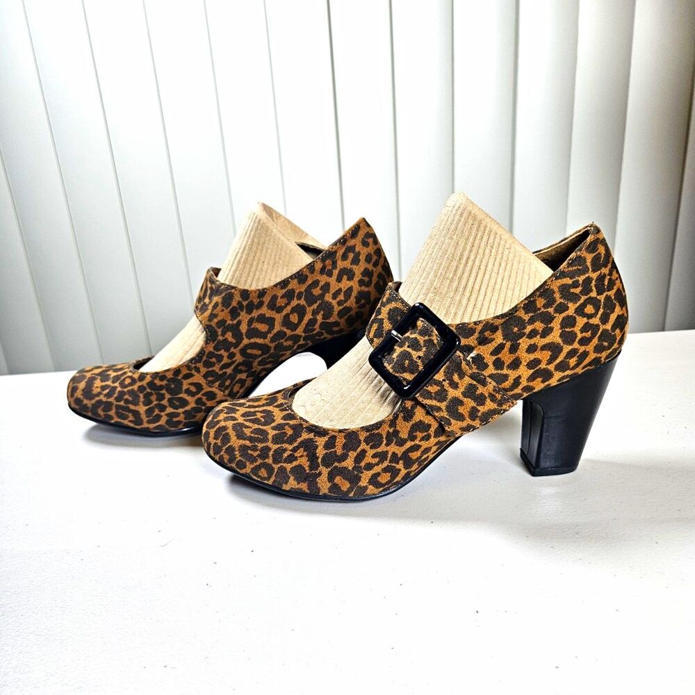 Jaclyn Smith Tanya Leopard Print Mary Jane Chunky Heels Pumps 7.5 W Old Money